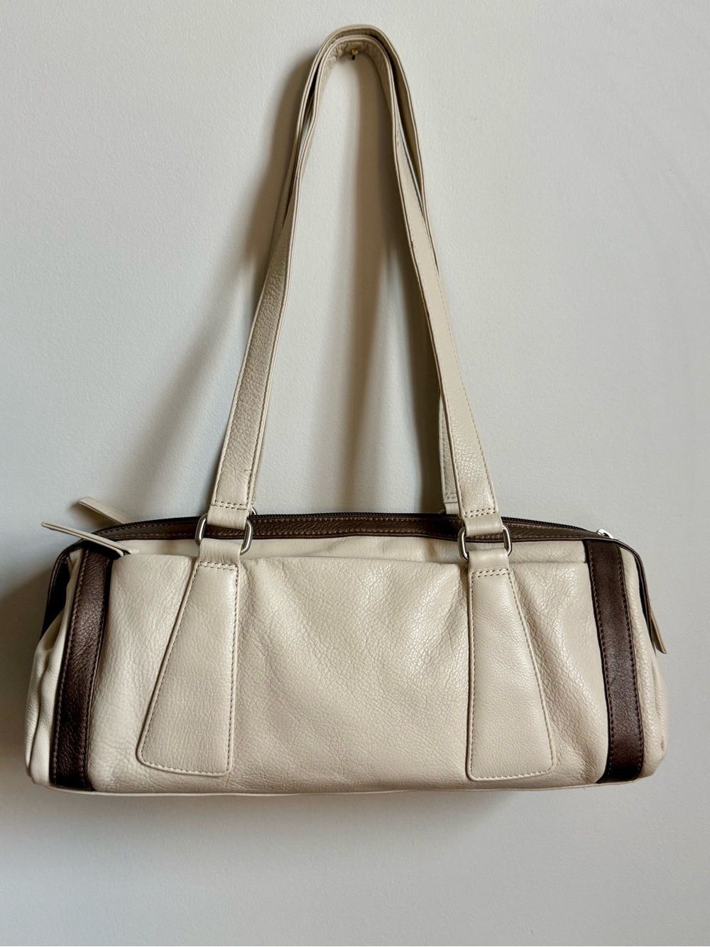 y2k Derek Alexander Ivory & Brown Leather Barrel Bag